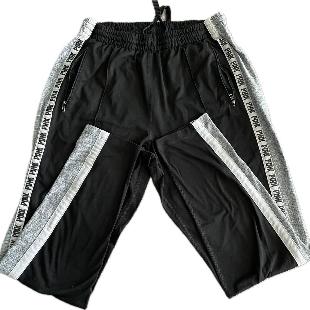 PINK Victoria’s Secret Black Jogger Sweatpants Logo Side Stripe Zip Pockets Sz L